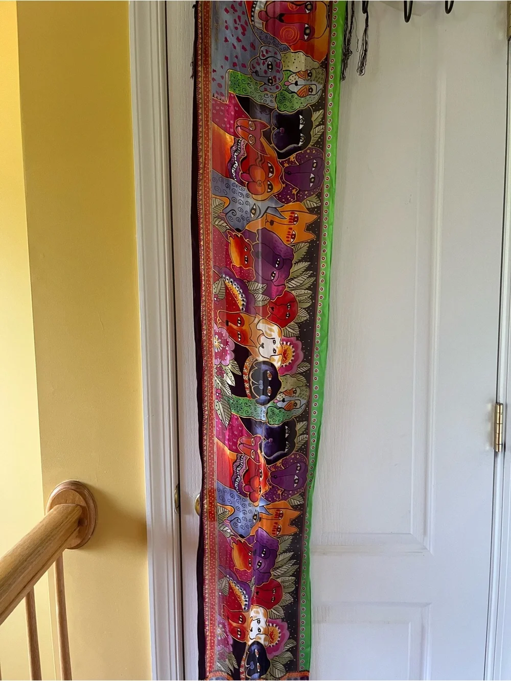 Laurel Burch Long Fringe Silk Scarf with Multicolor Cat Motif